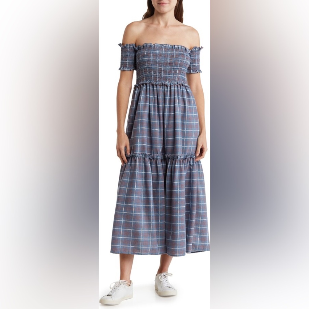 LUMIERE New Plaid Off the Shoulder Smocked Plaid Dress